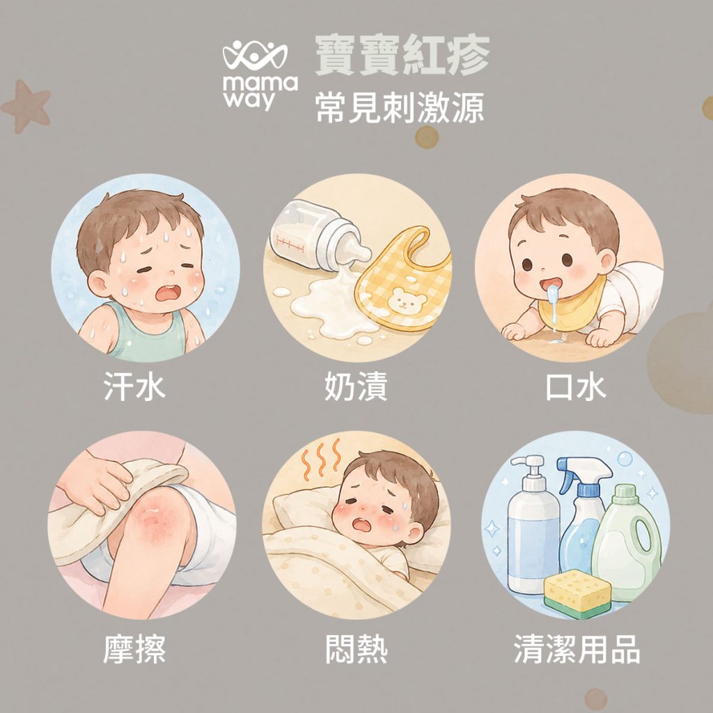 嬰兒皮膚屏障尚未成熟,容易受到汗水奶漬口水摩擦與悶熱刺激
