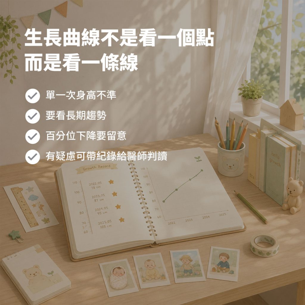 生長曲線不是看一個點而是看長期趨勢,百分位下降或跨線時建議留意