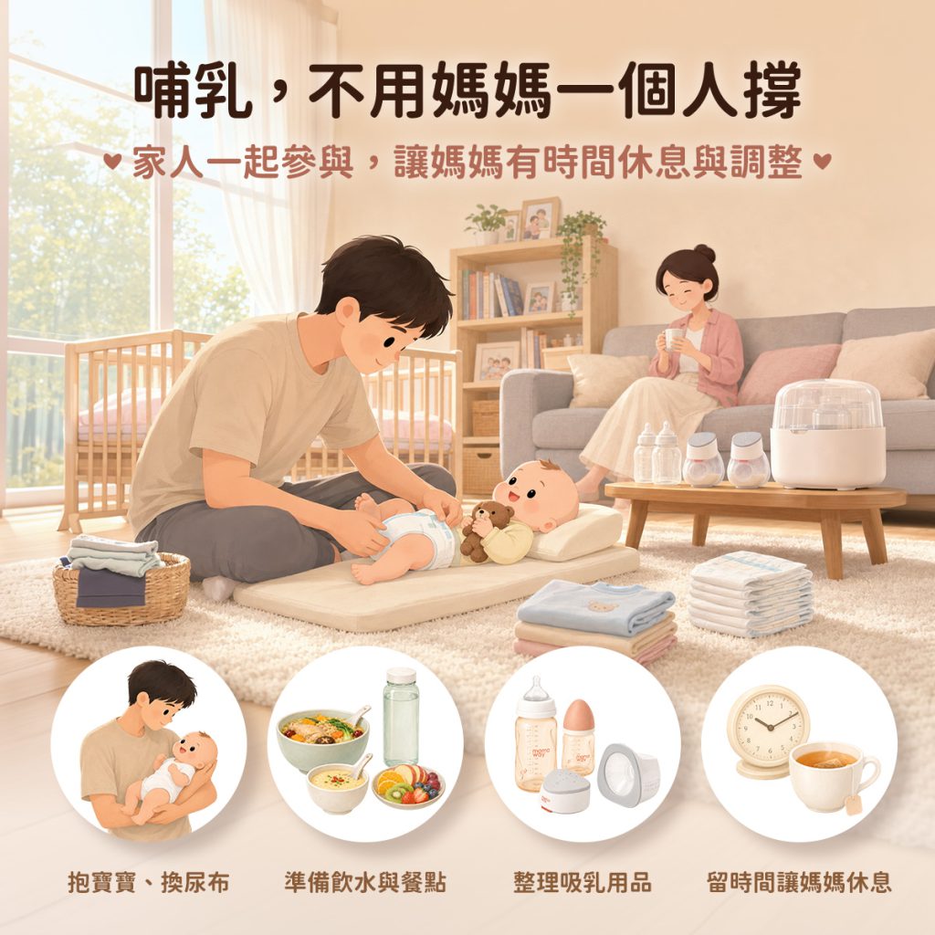 家人可以主動承接照顧與家務工作,減少媽媽產後同時承擔所有事情。