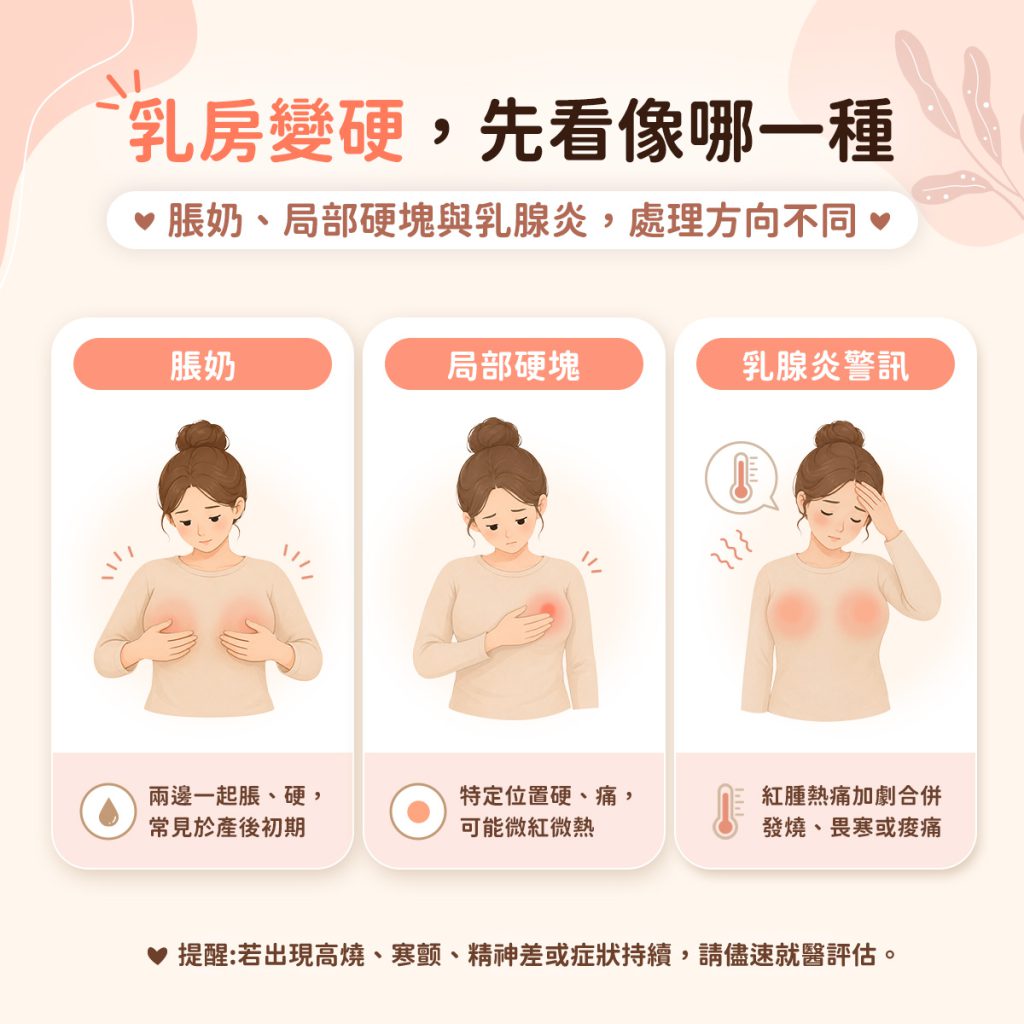 圖表比較脹奶、局部硬塊與乳腺炎警訊的常見表現,協助理解乳房變硬可能對應的不同情況。