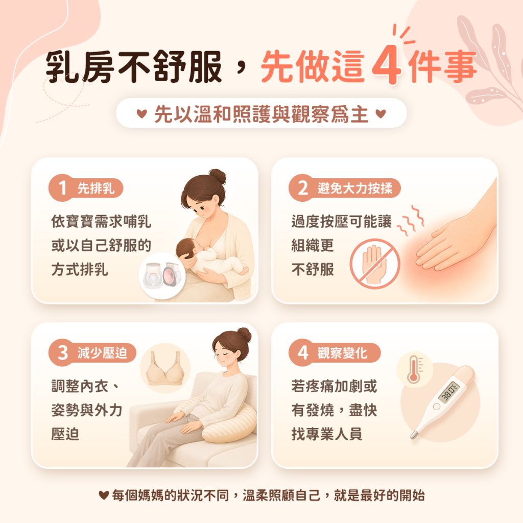 整理乳房不舒服時的4個照護方向,包括適度排乳、避免大力按摩、減少局部壓迫與持續觀察變化。