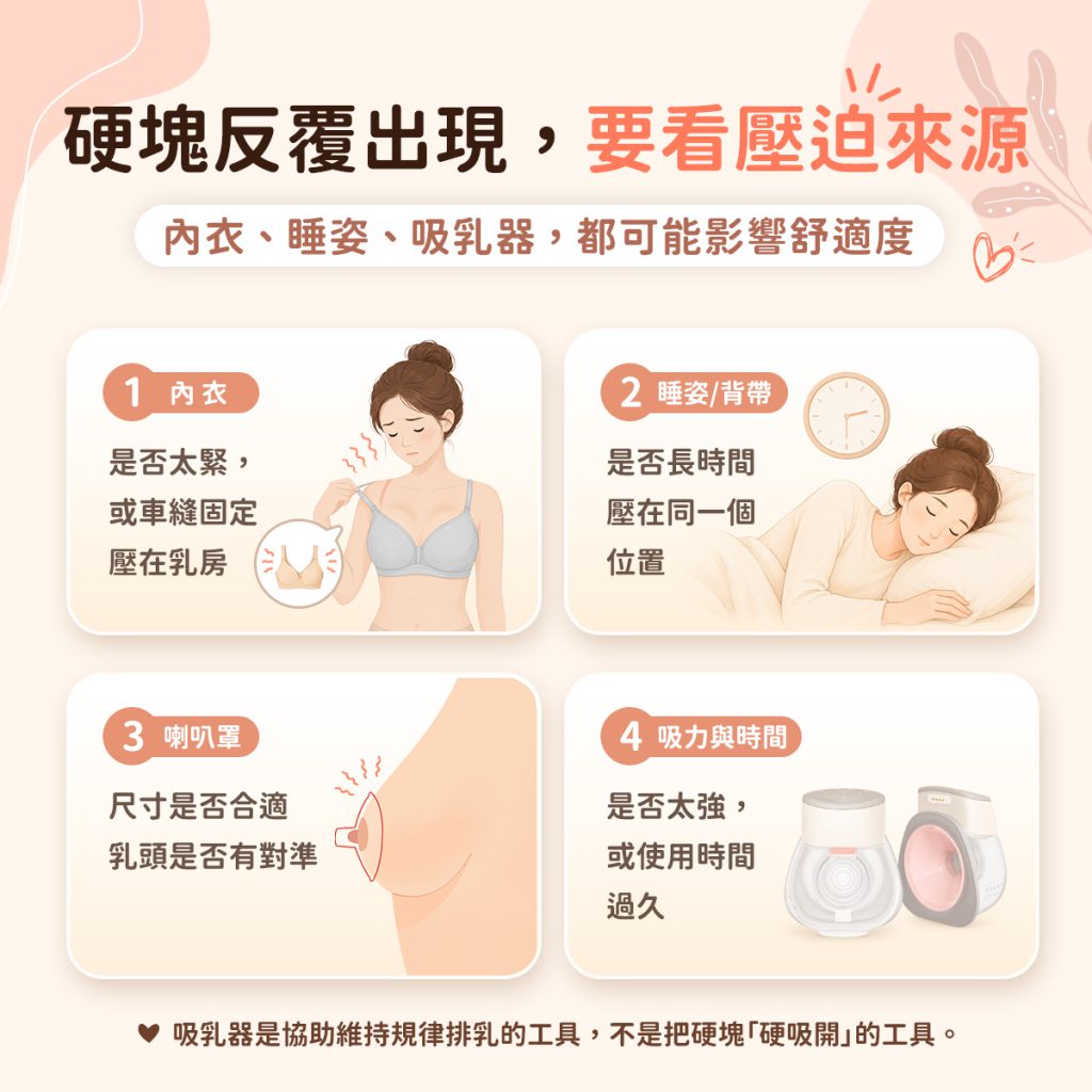 整理可能造成乳房局部壓迫的常見來源,包括過緊內衣、睡姿或背帶、吸乳器喇叭罩尺寸,以及吸力與使用時間。