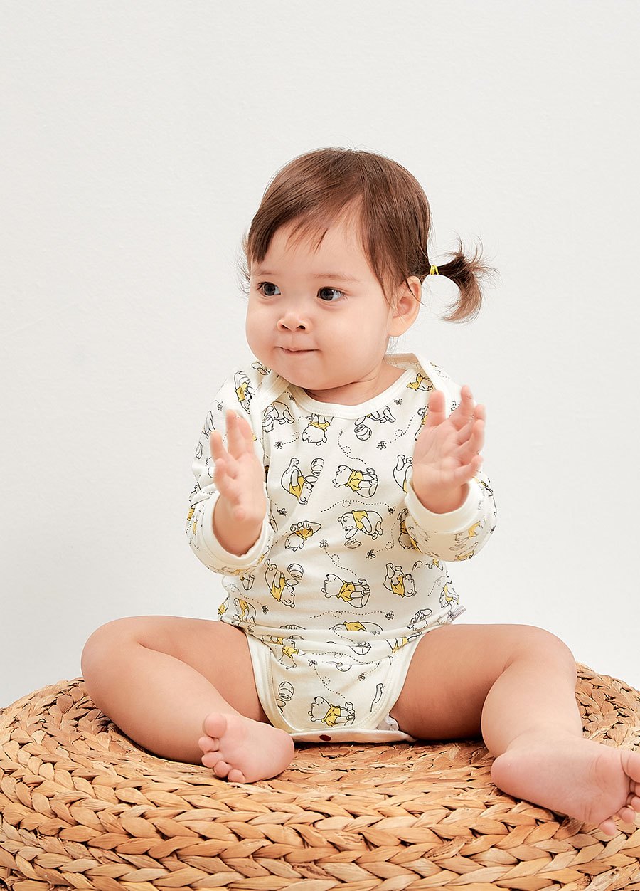 BABY Q彈棉質長袖包屁衣(2入)-蜂蜜維尼