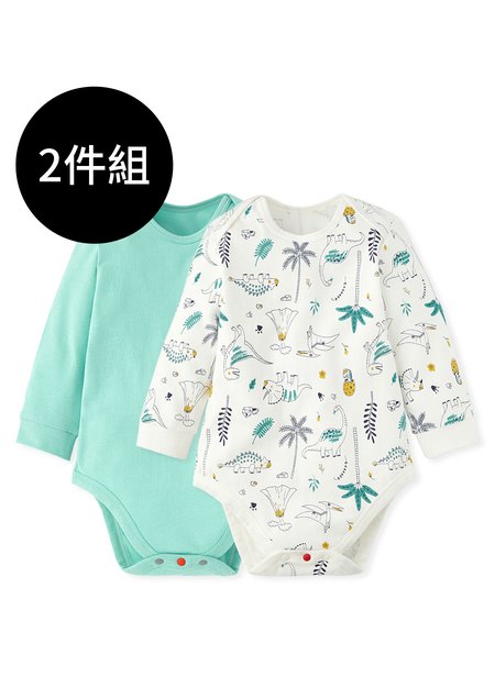 BABY Q彈棉質長袖包屁衣(2入)-線條恐龍