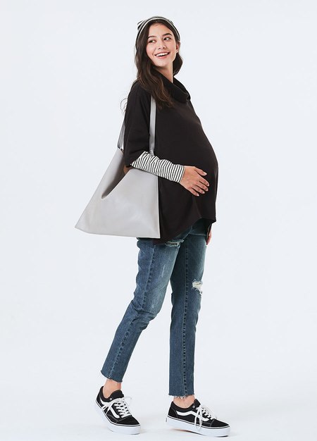 寬鬆垂領假兩件孕哺罩衫