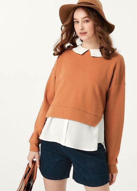 翻領假兩件拼接孕哺上衣