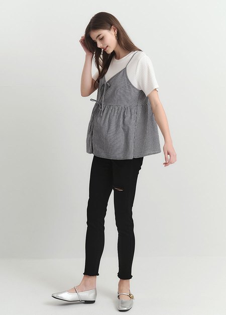 假兩件細肩帶綁帶孕哺上衣