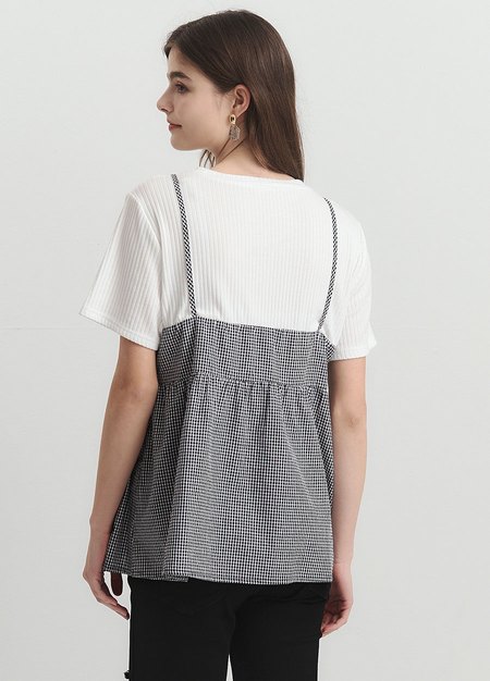 假兩件細肩帶綁帶孕哺上衣