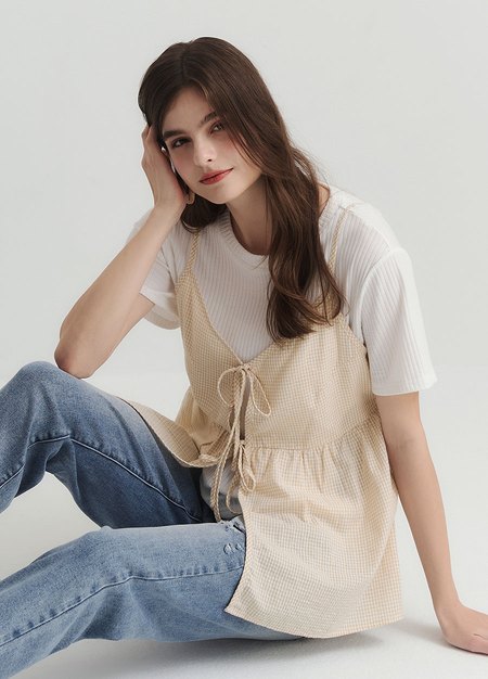 假兩件細肩帶綁帶孕哺上衣