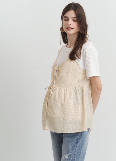 假兩件細肩帶綁帶孕哺上衣