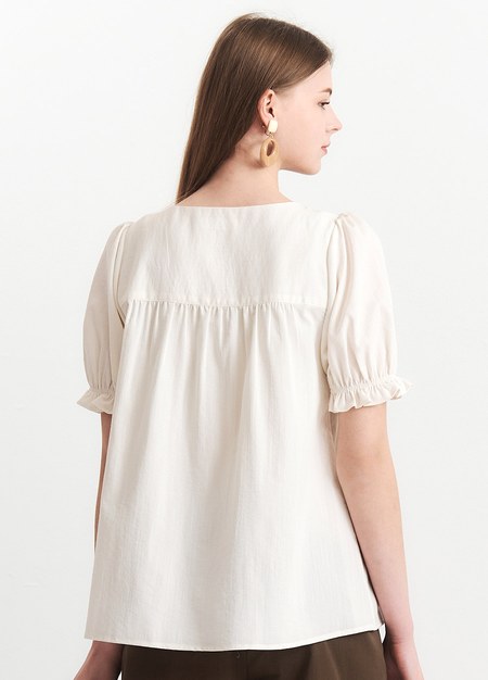 優雅方領蓬袖孕哺上衣