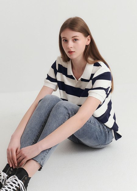 V領翻領橫紋孕哺上衣