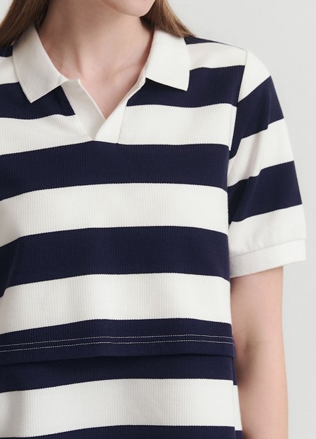 V領翻領橫紋孕哺上衣