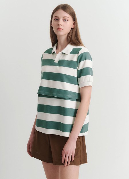 V領翻領橫紋孕哺上衣