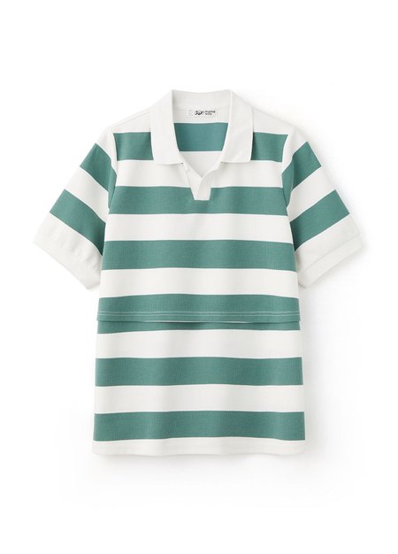 V領翻領橫紋孕哺上衣