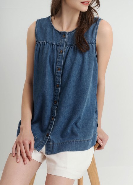 水洗牛仔無袖抽縐孕哺上衣