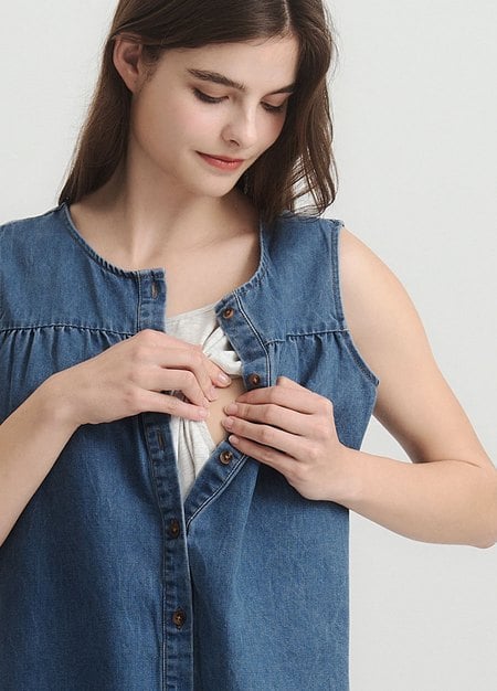 水洗牛仔無袖抽縐孕哺上衣