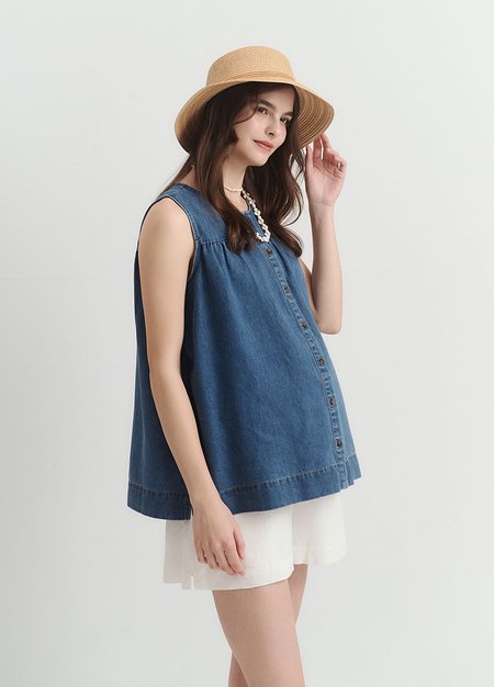 水洗牛仔無袖抽縐孕哺上衣