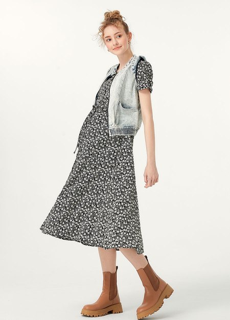 優雅碎花V領排釦孕哺洋裝