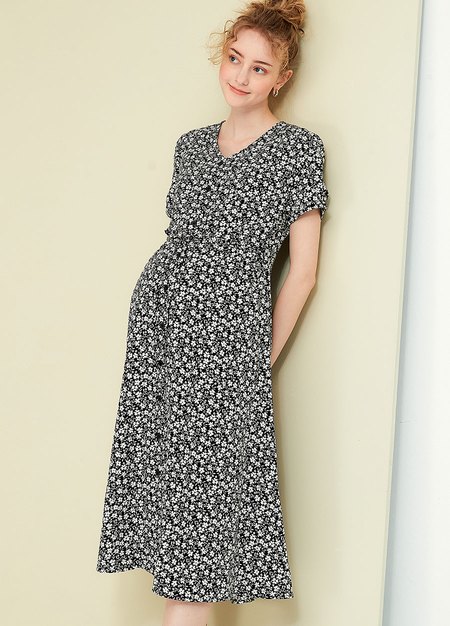 優雅碎花V領排釦孕哺洋裝