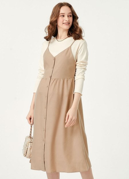 假兩件細肩帶排釦孕哺洋裝