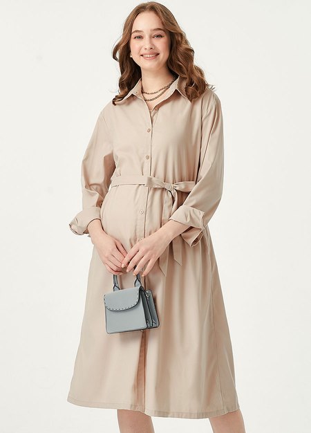 輕量磨毛襯衫綁帶孕哺洋裝(兩穿)