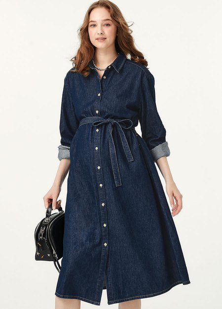 牛仔襯衫綁帶孕哺洋裝(兩穿)