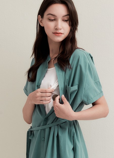 純棉連袖襯衫孕哺洋裝(兩穿)-藍綠2