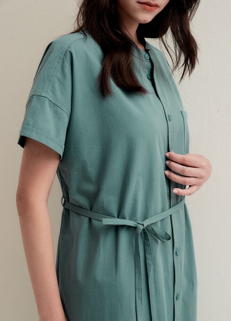 純棉連袖襯衫孕哺洋裝(兩穿)-藍綠3