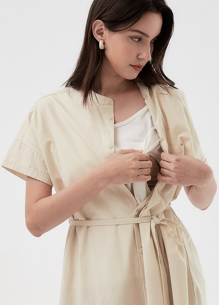 純棉連袖襯衫孕哺洋裝(兩穿)-米色2