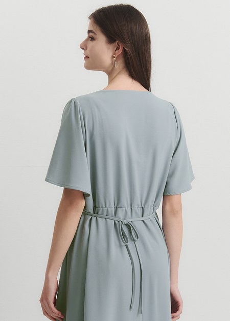 優雅V領荷葉袖孕哺洋裝