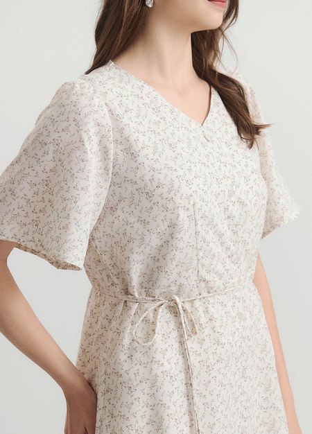 優雅V領荷葉袖孕哺洋裝