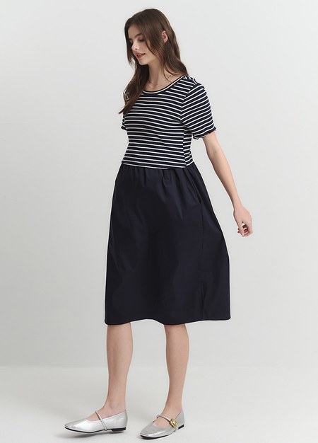 橫紋拼接假兩件孕哺洋裝