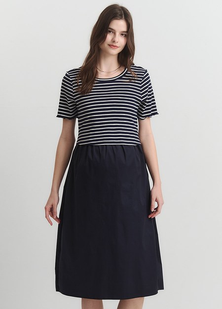 橫紋拼接假兩件孕哺洋裝