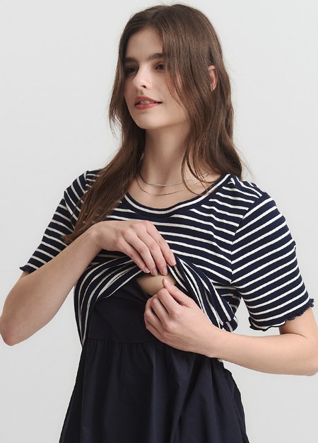 橫紋拼接假兩件孕哺洋裝