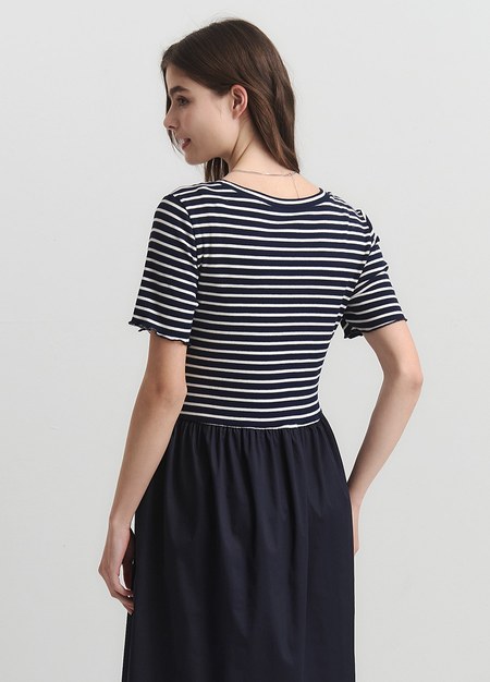 橫紋拼接假兩件孕哺洋裝