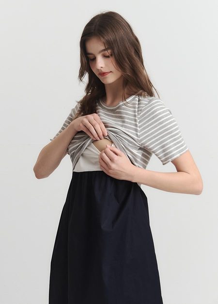 橫紋拼接假兩件孕哺洋裝