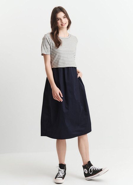 橫紋拼接假兩件孕哺洋裝