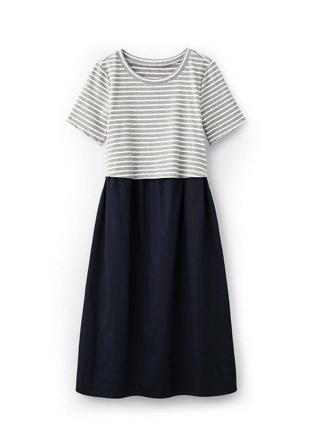 橫紋拼接假兩件孕哺洋裝