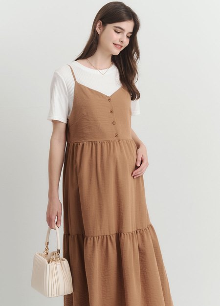 假兩件式細肩帶蛋糕孕哺洋裝