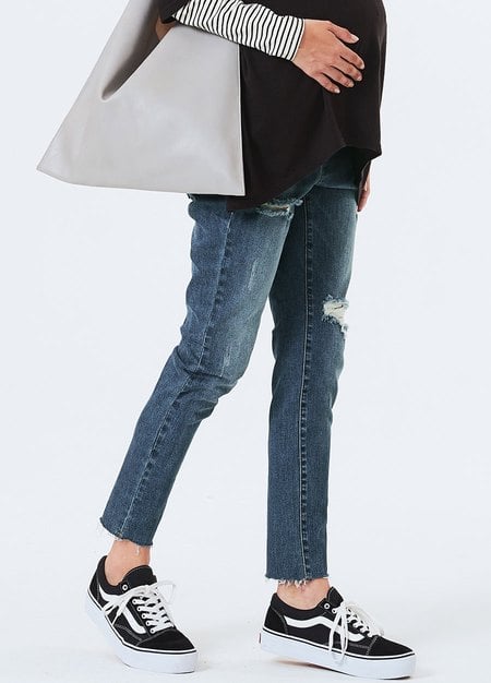 不修邊割破窄管牛仔孕婦褲