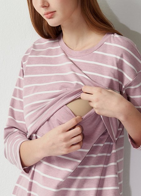 棉質條紋寬鬆孕哺居家洋裝