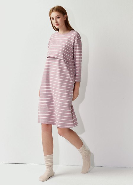 棉質條紋寬鬆孕哺居家洋裝