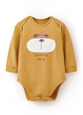 BABY Q彈棉質長袖包屁衣-Q狗 - 芥黃