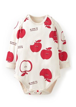 BABY Q彈棉質長袖包屁衣-蘋果 - 淺棕