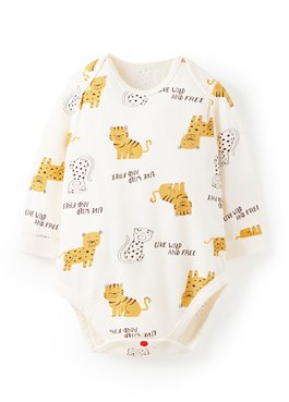 BABY Q彈棉質長袖包屁衣-老虎 - 淺黃