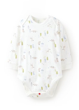 BABY Q彈棉質長袖包屁衣-森林動物 - 白色