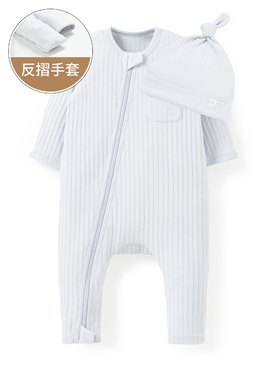 新生兒百褶羅紋雙拉鍊長袖連身衣(附帽子)