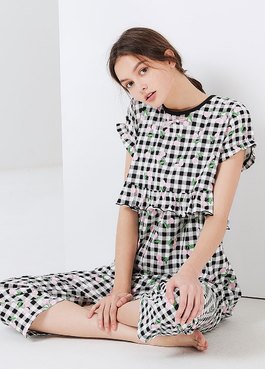 格紋櫻桃荷葉孕哺居家服組(洋裝+長褲)