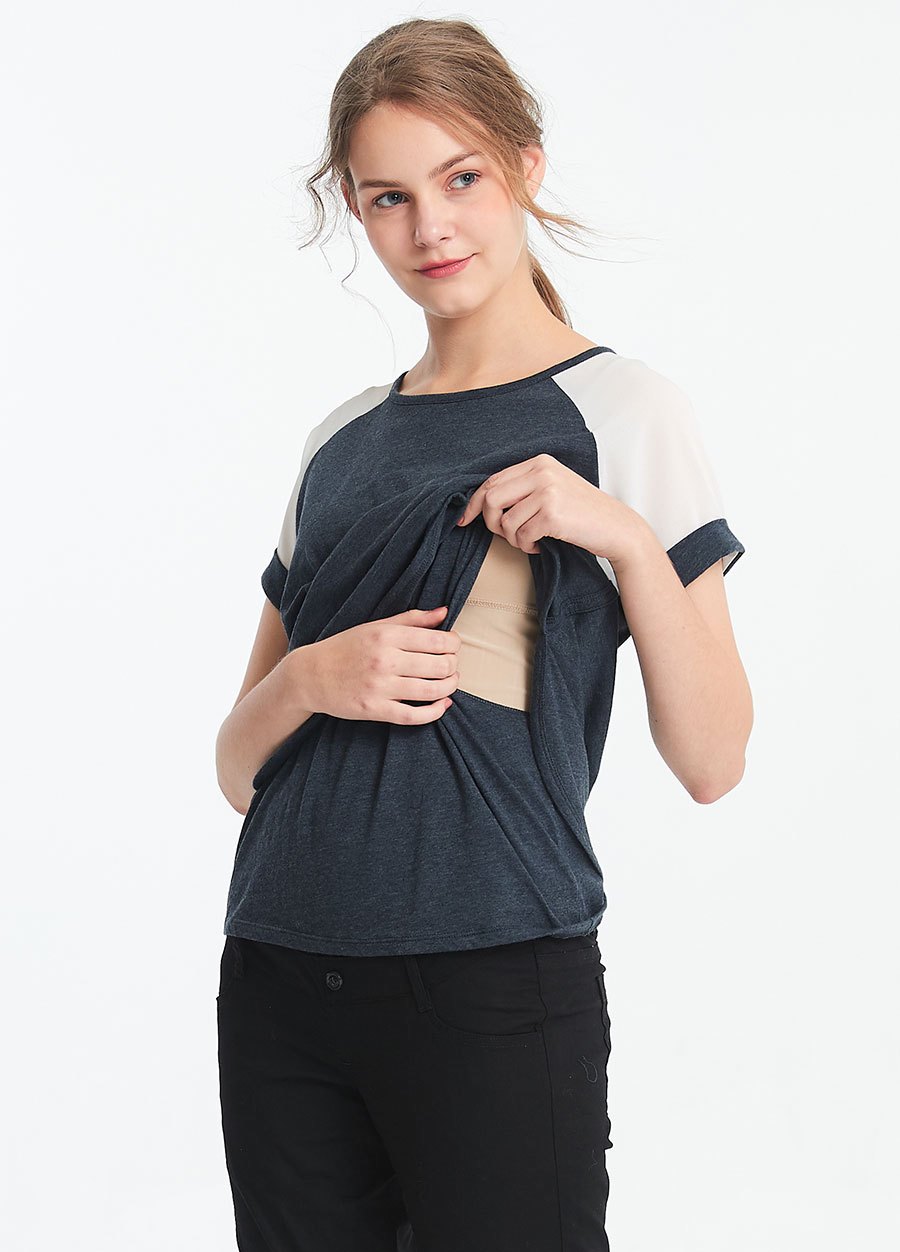 異材質色塊剪接孕哺上衣